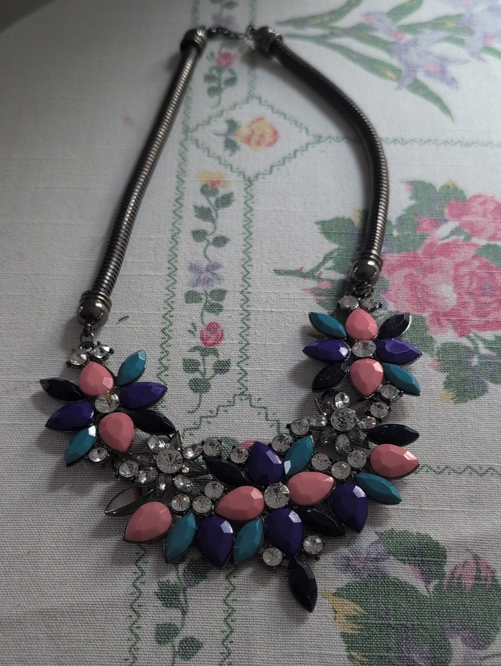 Statement Floral Bib Necklace in Pink, Teal & Purple